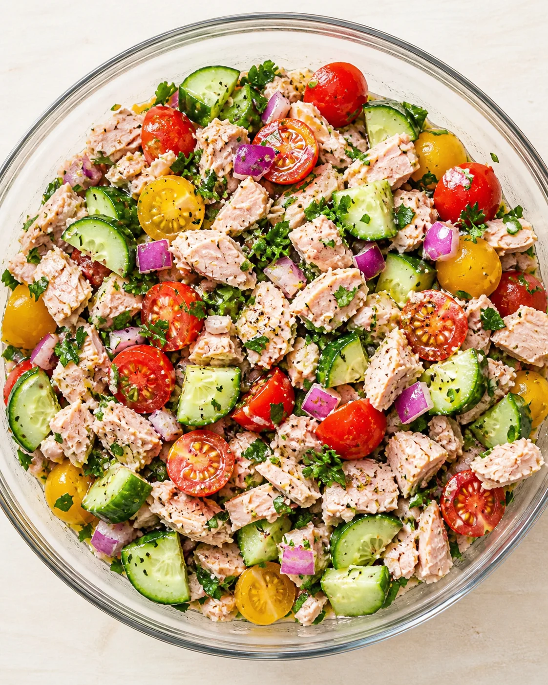 glass bowl of tuna salad with cucumber, cherry tomatoes, red onion, and parsley.