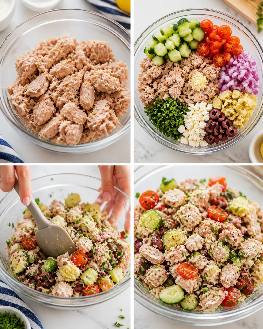 Four-panel collage showing tuna salad prep: tuna, chopped vegetables, and finished mixture.