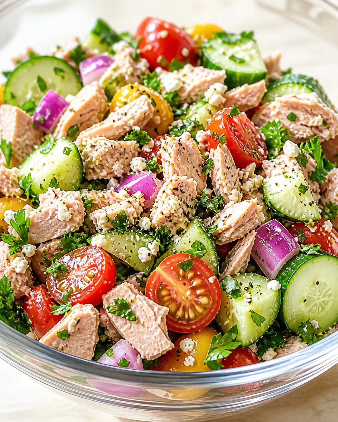 Colorful tuna salad with cucumber, tomatoes, red onion, and feta in a glass bowl
