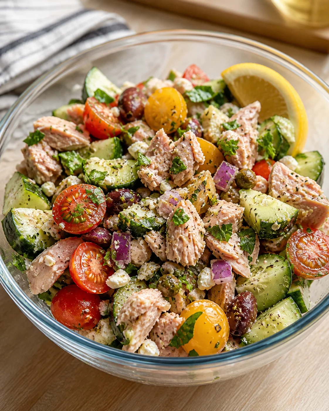 Glass bowl of vibrant tuna salad with tomatoes, cucumbers, olives, feta, red onion, herbs, and a lemon wedge.