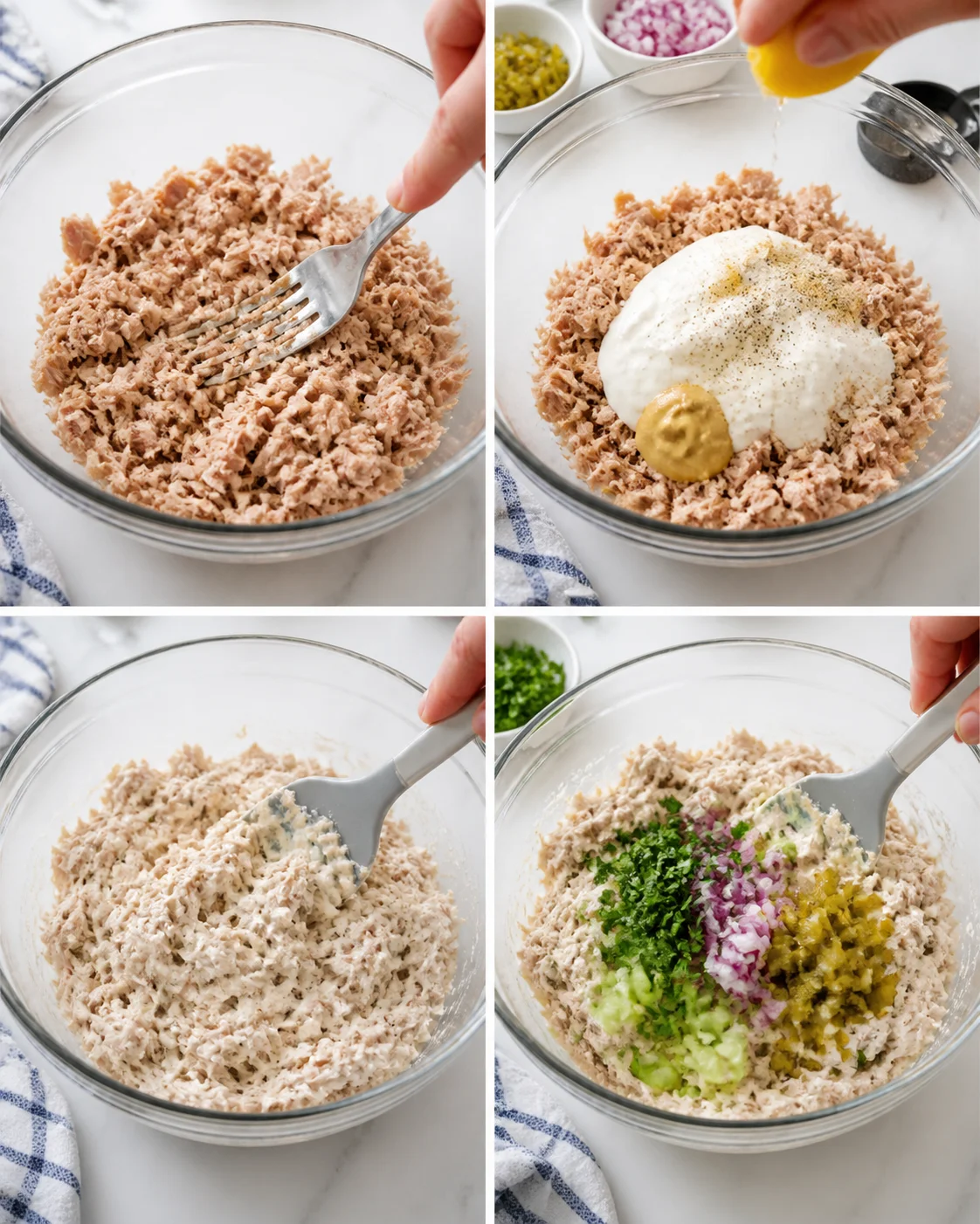 collage showing tuna salad being prepared in a glass bowl with mayo and toppings