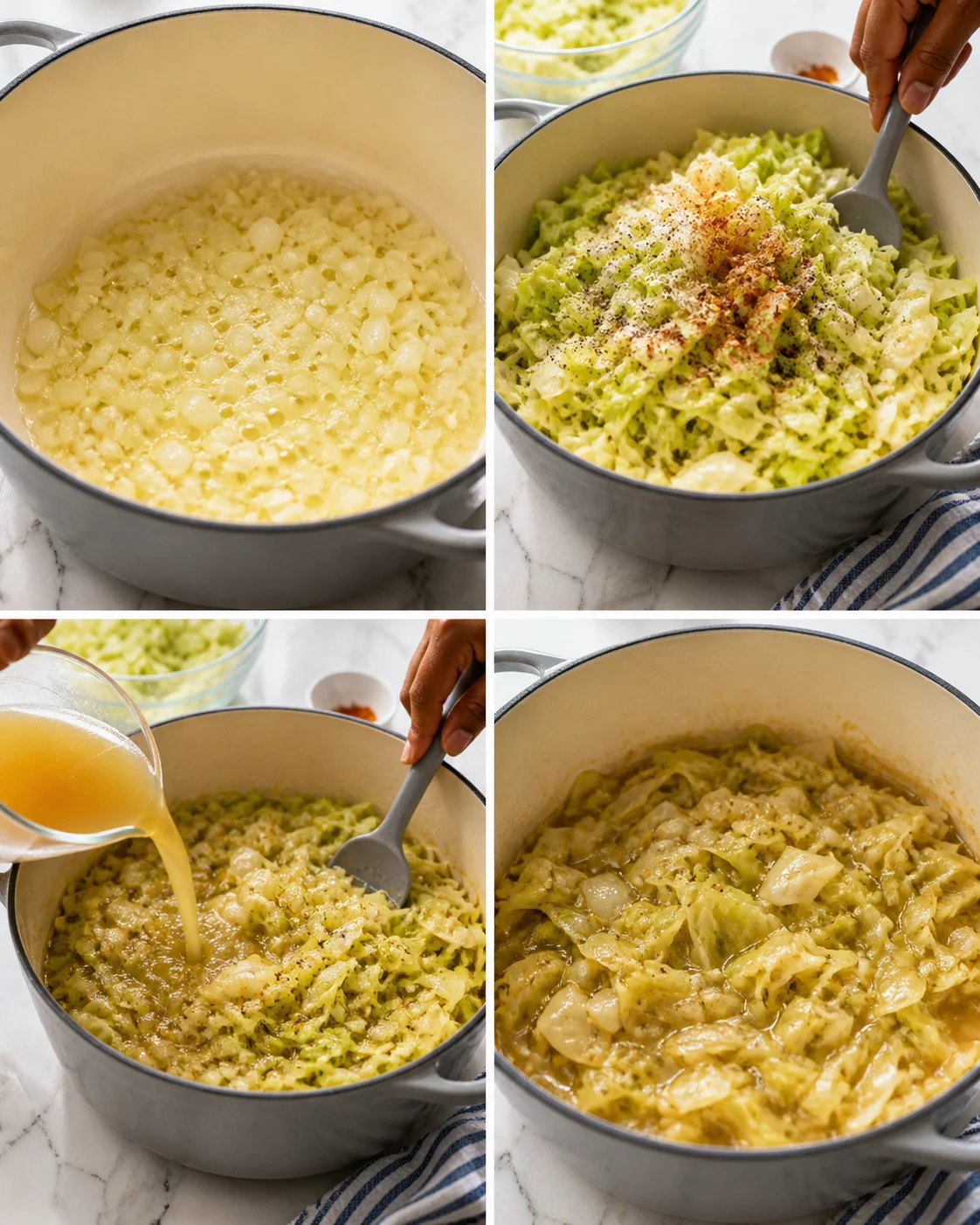 Four-panel collage of a gray pot on marble counter cooking potatoes and cabbage in creamy sauce.