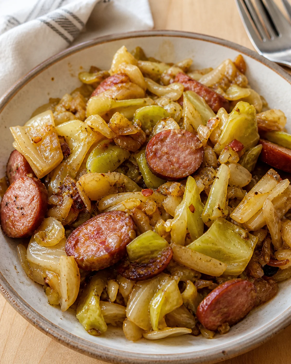 Sausage slices with onions and cabbage, browned and glossy, served in a rustic ceramic bowl