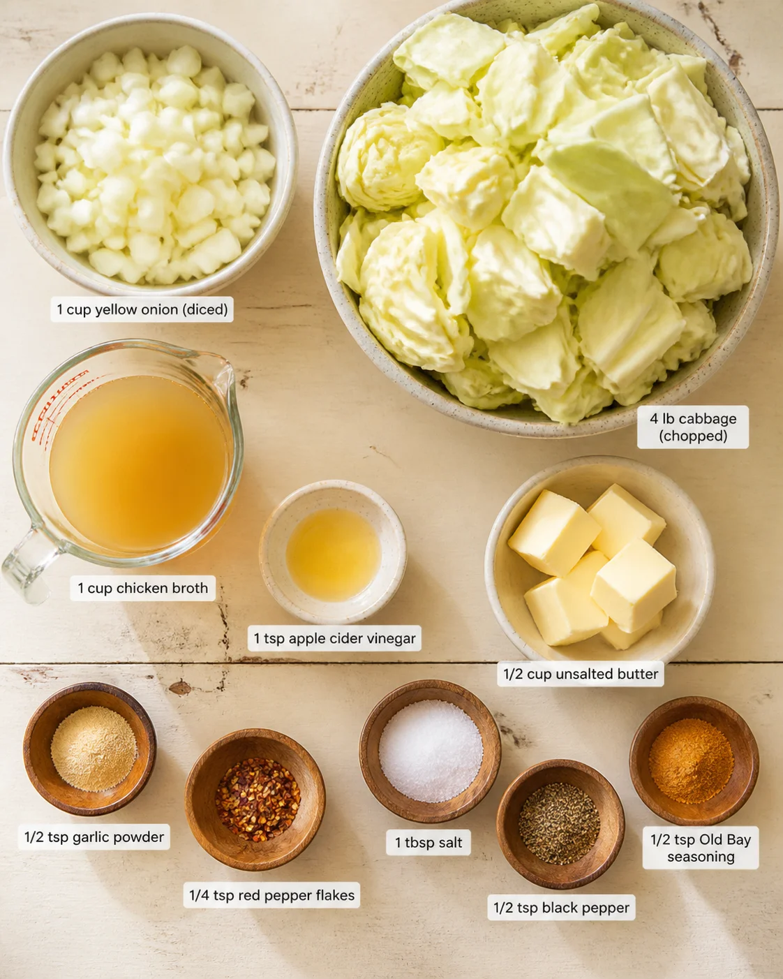 Top-down view of chopped cabbage, onions, butter, broth, vinegar, and spices arranged on a wooden table.