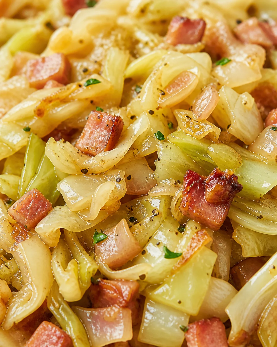 Close-up view of a glossy ham, onion, and celery sauteed mixture in a pan.