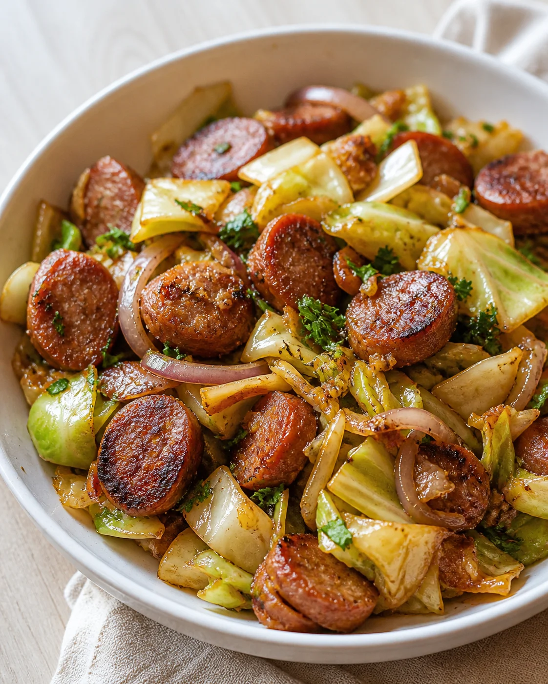 bowl of browned sausage, cabbage, and onions, garnished with chopped parsley