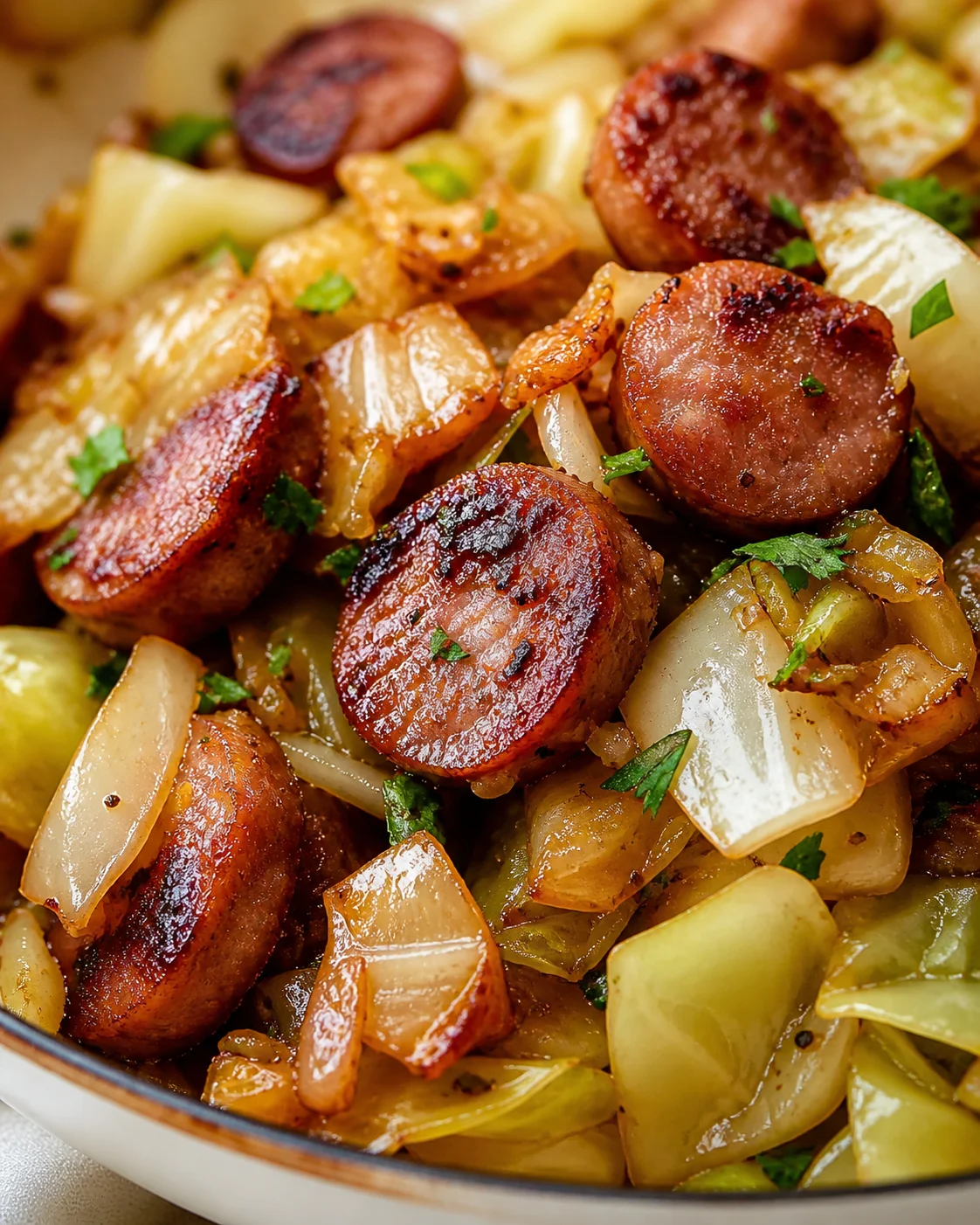 close-up of browned sausage slices with onions and potatoes in a skillet