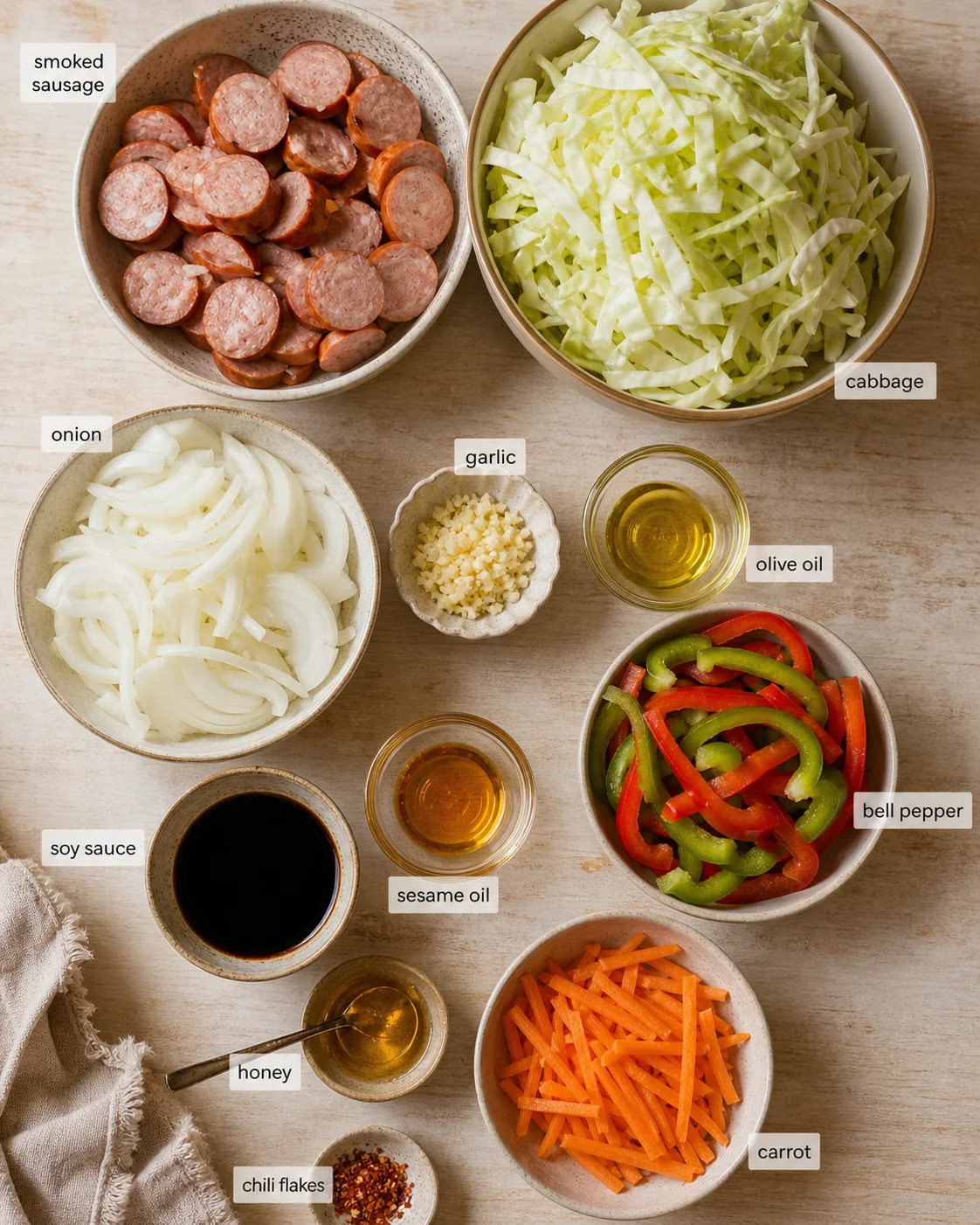 Top-down view of labeled ingredients in bowls for stir-fry, including sausage, cabbage, onions, peppers, and sauces.
