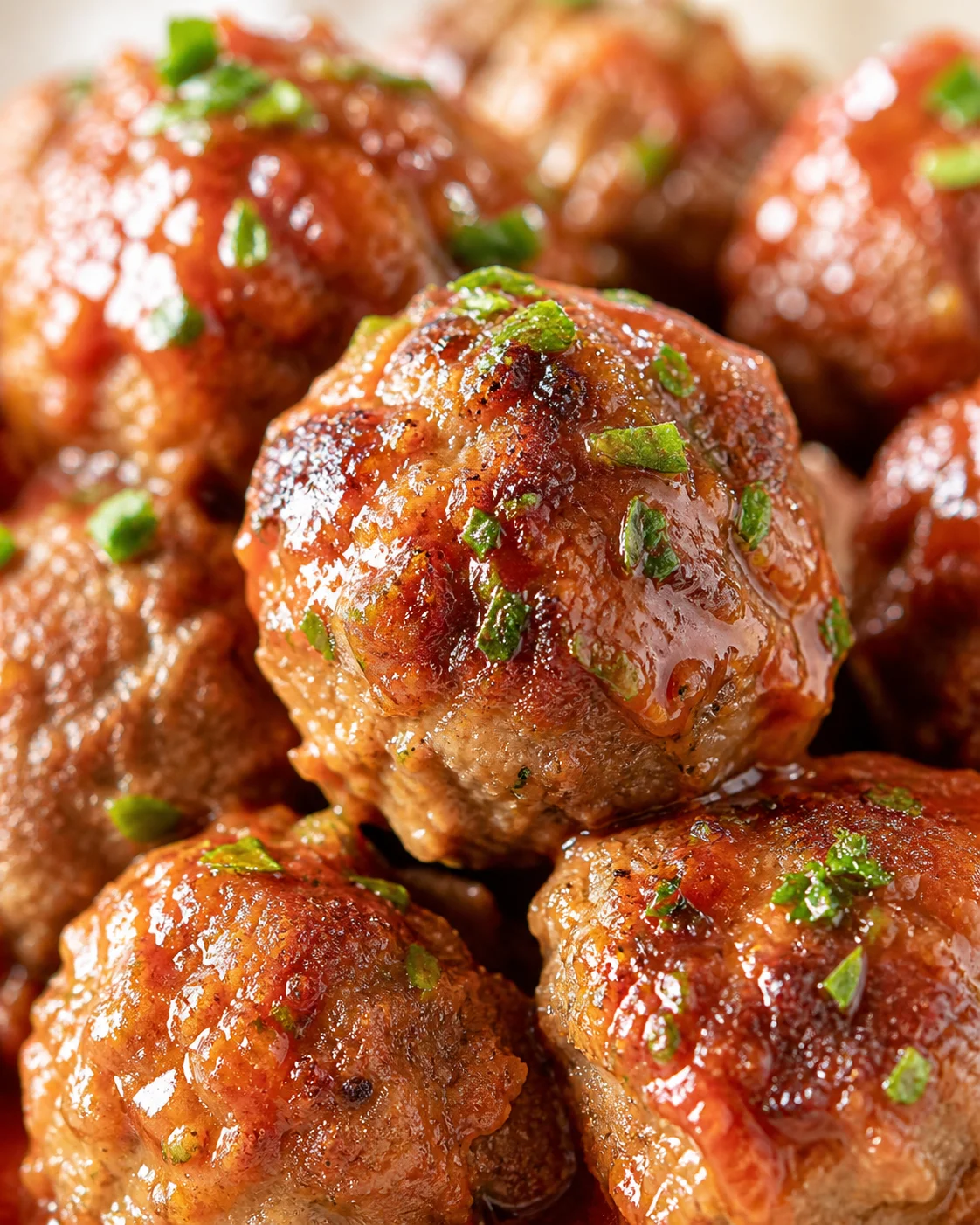 Close-up of glossy glazed meatballs sprinkled with chopped green herbs.