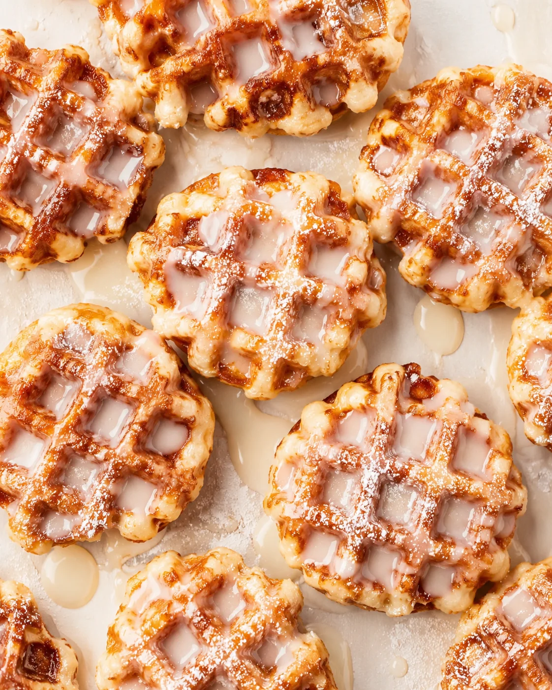 Close-up of golden mini waffles with glossy glaze on parchment.