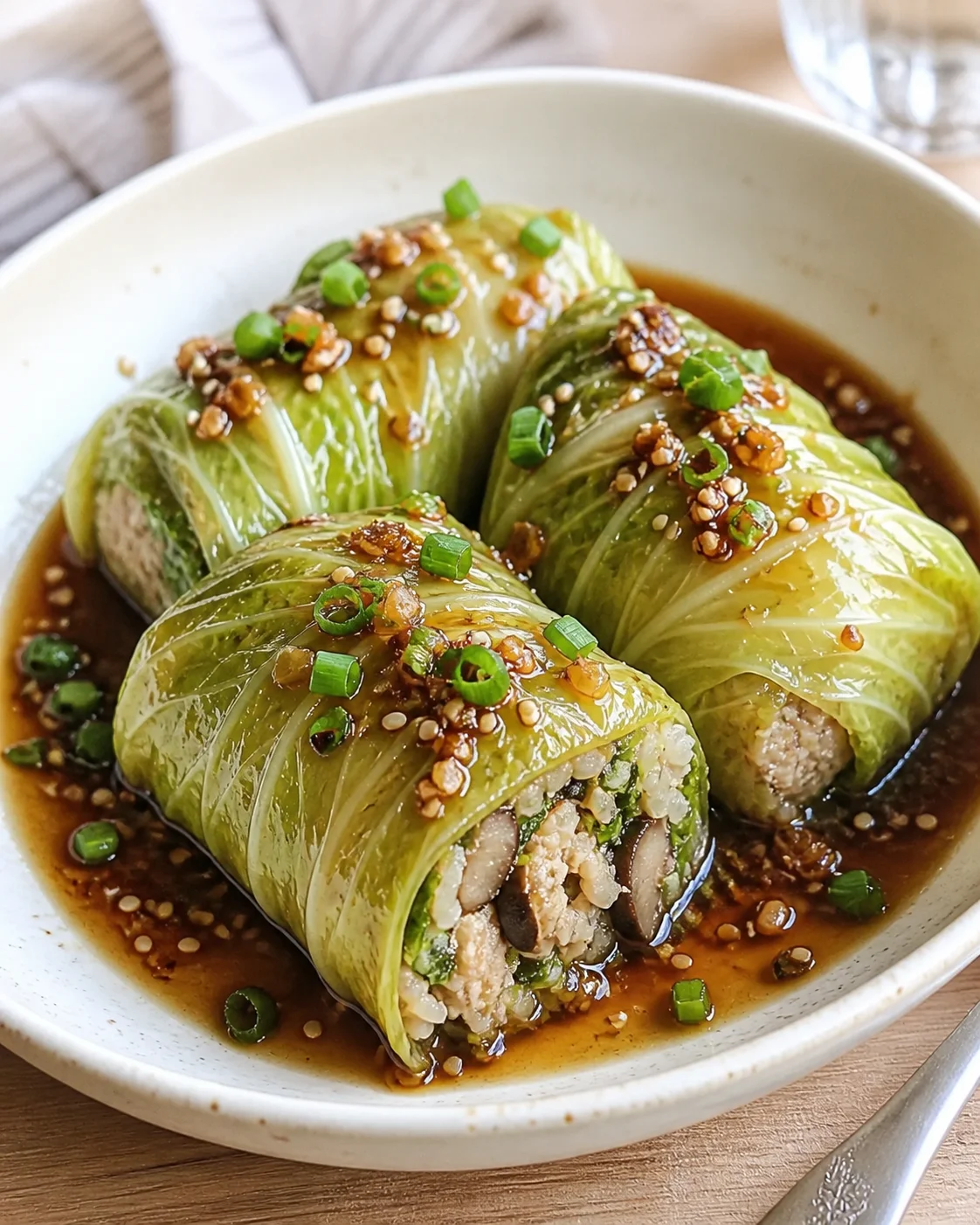 three stuffed cabbage rolls in a glossy brown sauce, garnished with sesame seeds and chopped green onions.