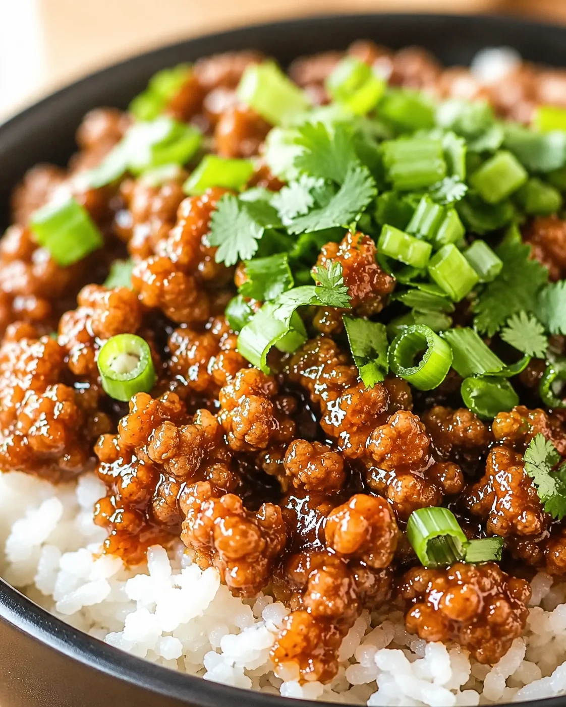 Close-up of a rice bowl topped with glossy ground meat, sesame seeds, chopped green onions, and cilantro.