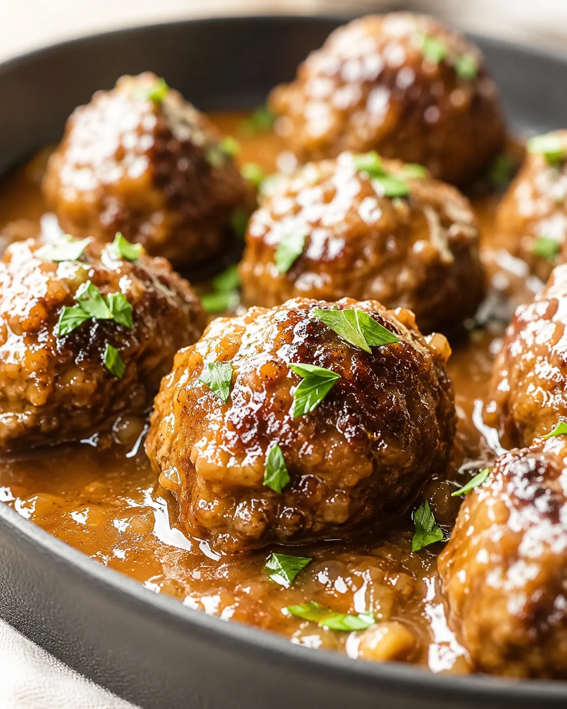 close-up of browned meatballs in a glossy brown sauce with parsley in a cast-iron skillet