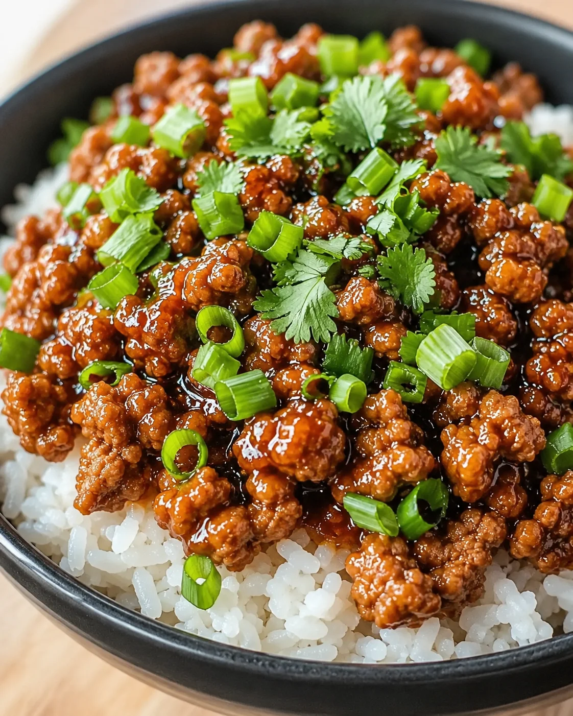 bowl of white rice topped with glossy minced pork in sauce, green onions, and cilantro