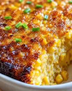 Golden-brown corn casserole slice topped with chopped green onions