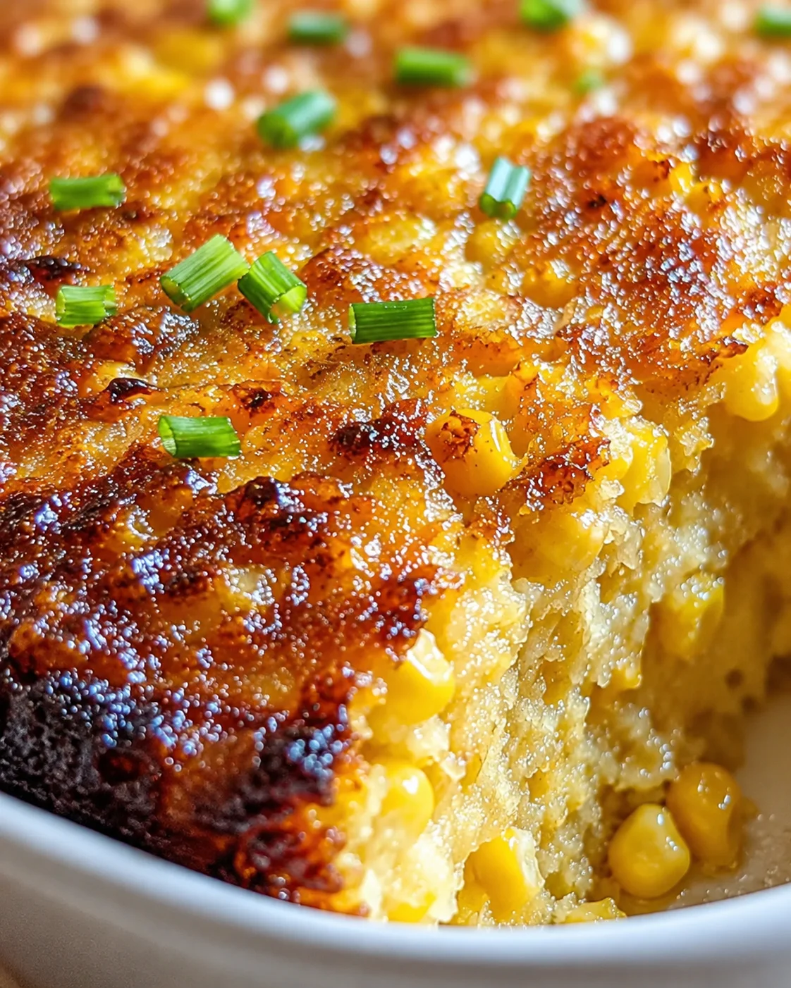 Golden-brown corn casserole slice topped with chopped green onions