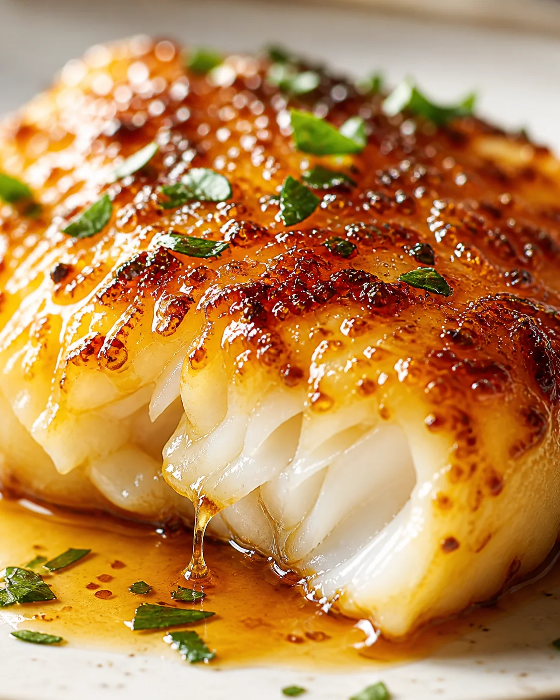 Close-up of a golden-brown glazed layered dish with parsley and sauce.