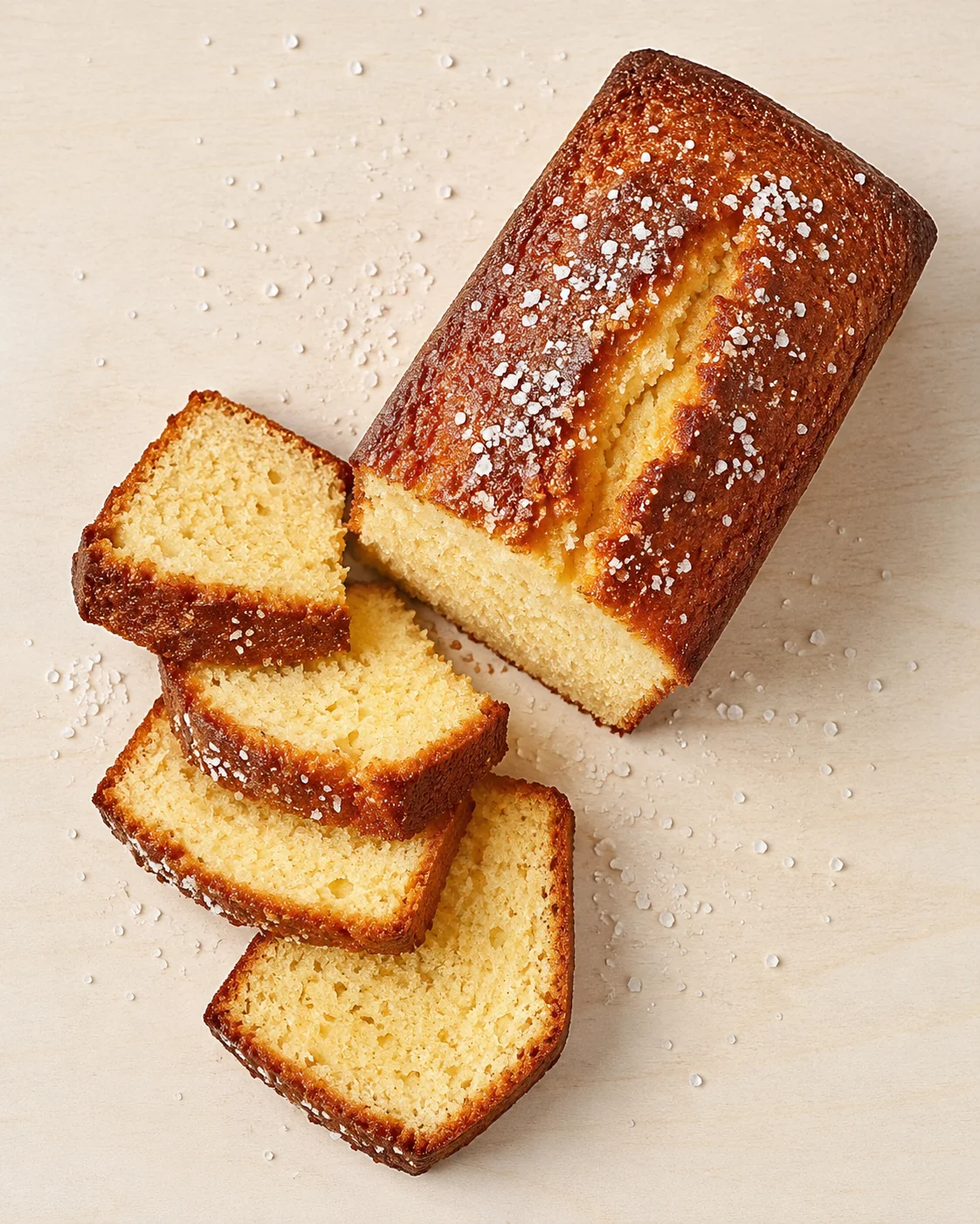 loaf of golden pound cake with coarse sugar, sliced on a light wooden board.