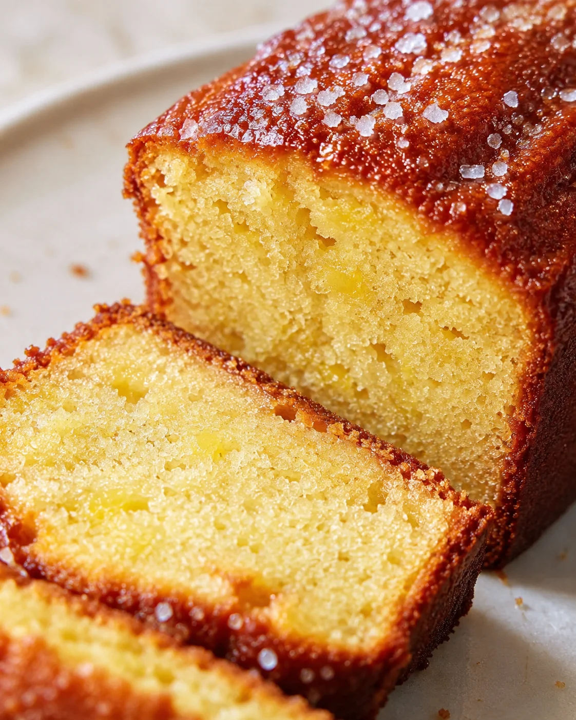 close-up of sliced golden pound cake with caramel crust and coarse sugar crystals