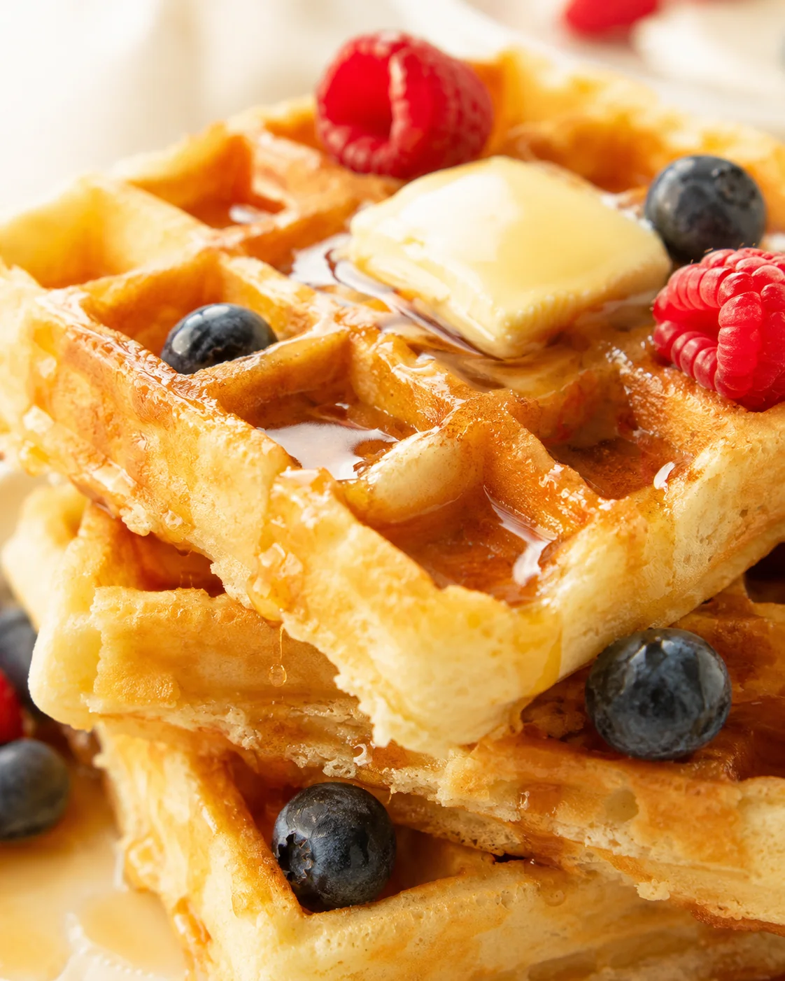 close-up of stacked golden waffles with melted butter and syrup, topped with blueberries and raspberries