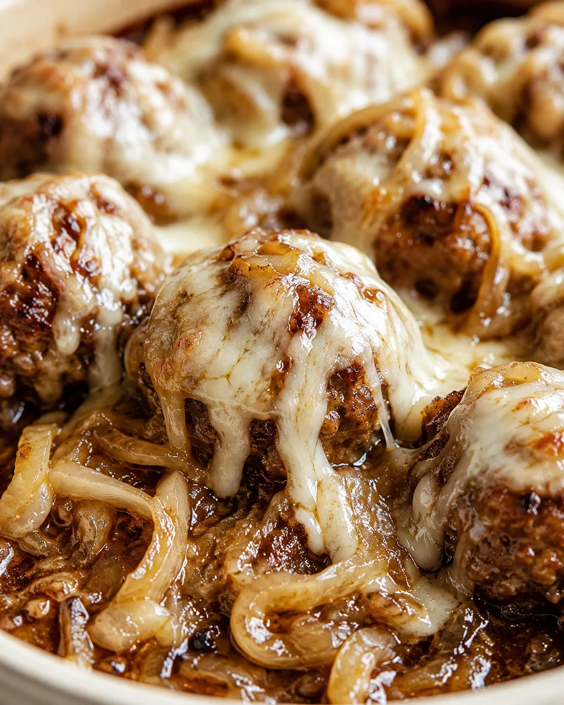 Close-up of meatballs with melted cheese, onions, and tomato sauce