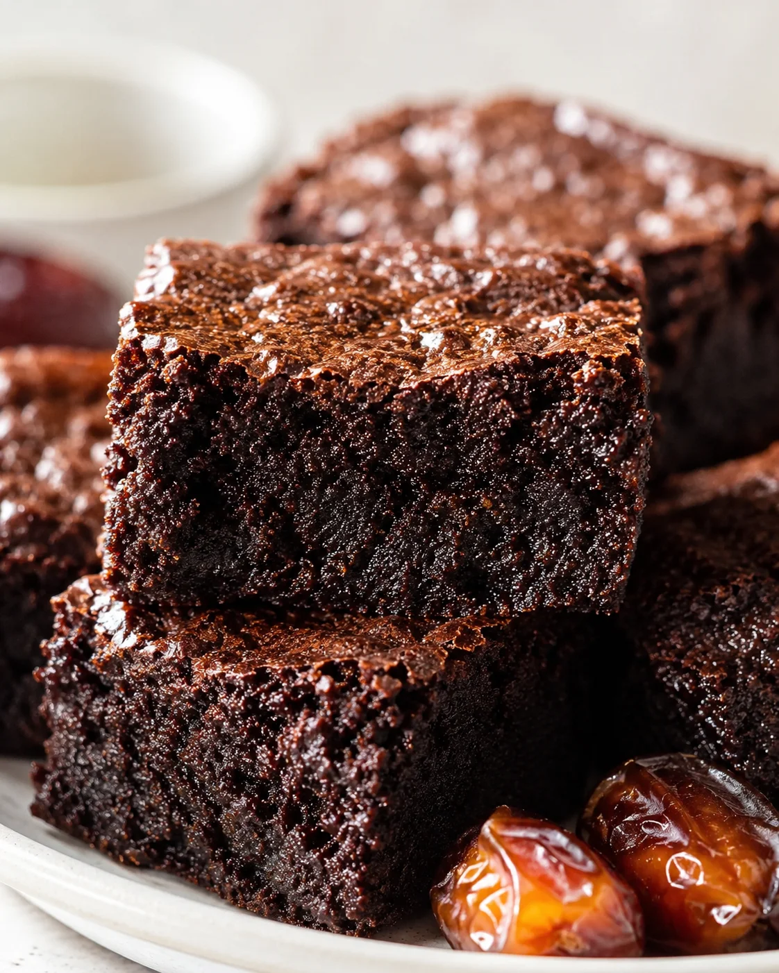 Close-up of fudgy chocolate brownies stacked on a white plate, with glossy crust and dates nearby