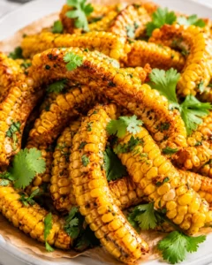 Close-up of grilled corn on the cob pieces with cilantro garnish and charred spots