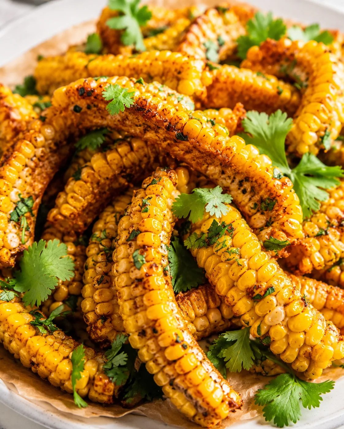 Close-up of grilled corn on the cob pieces with cilantro garnish and charred spots
