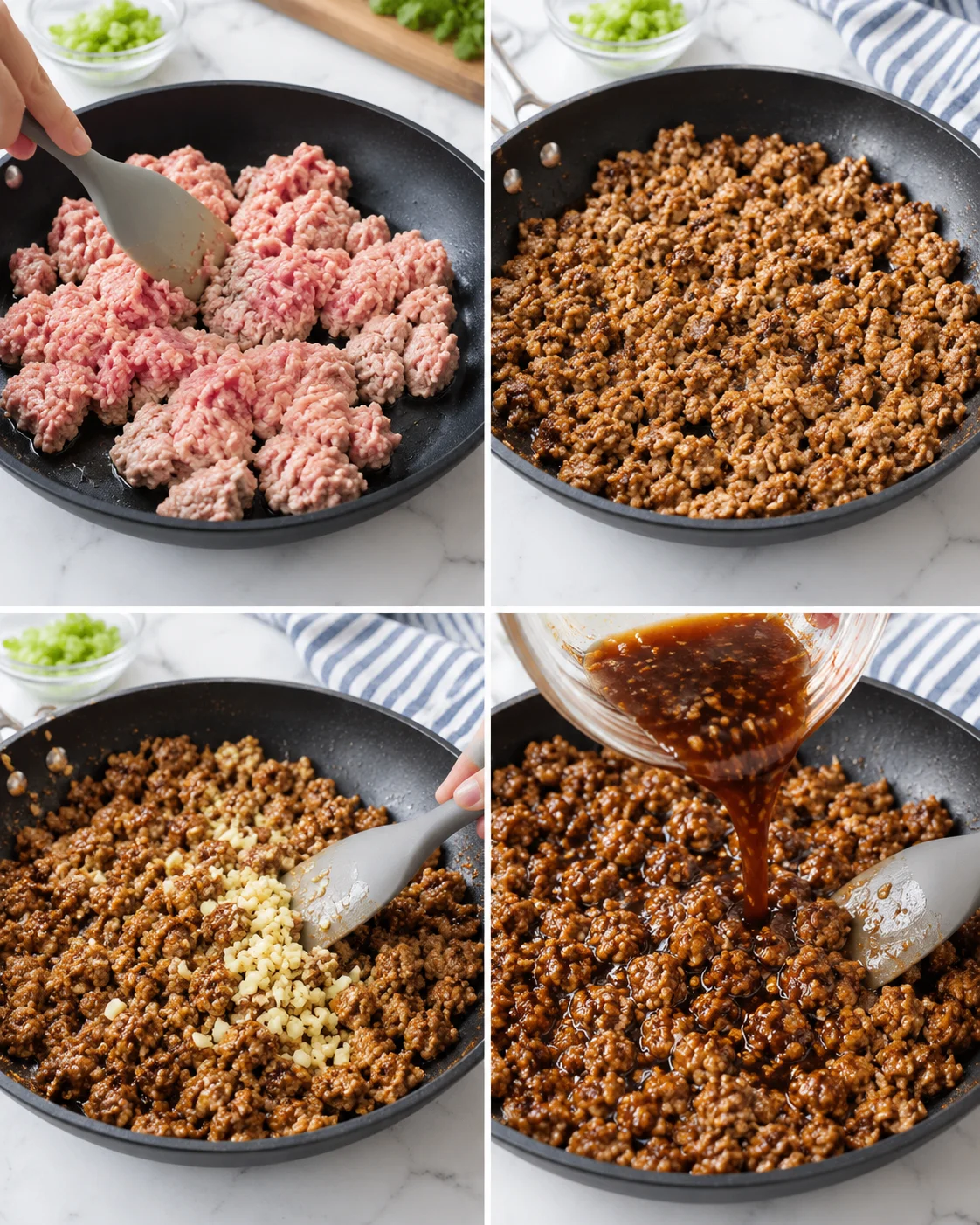 four-panel collage showing raw ground beef cooking, browning, minced garlic, and sauce being added