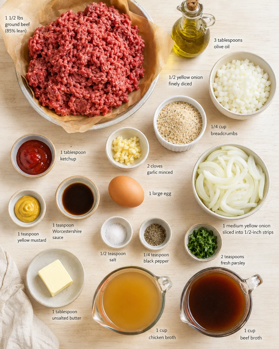 Top-down view of ground beef and surrounding ingredients arranged on a light wooden surface.