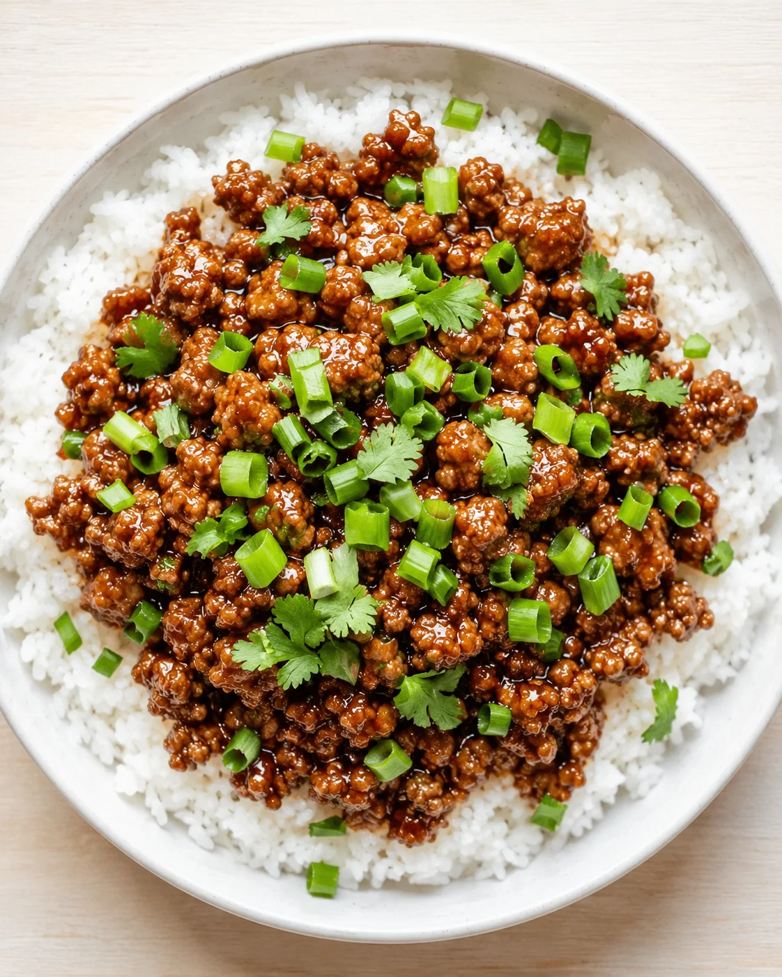 bowl of white rice topped with glossy ground beef sauce, chopped green onions, and cilantro.