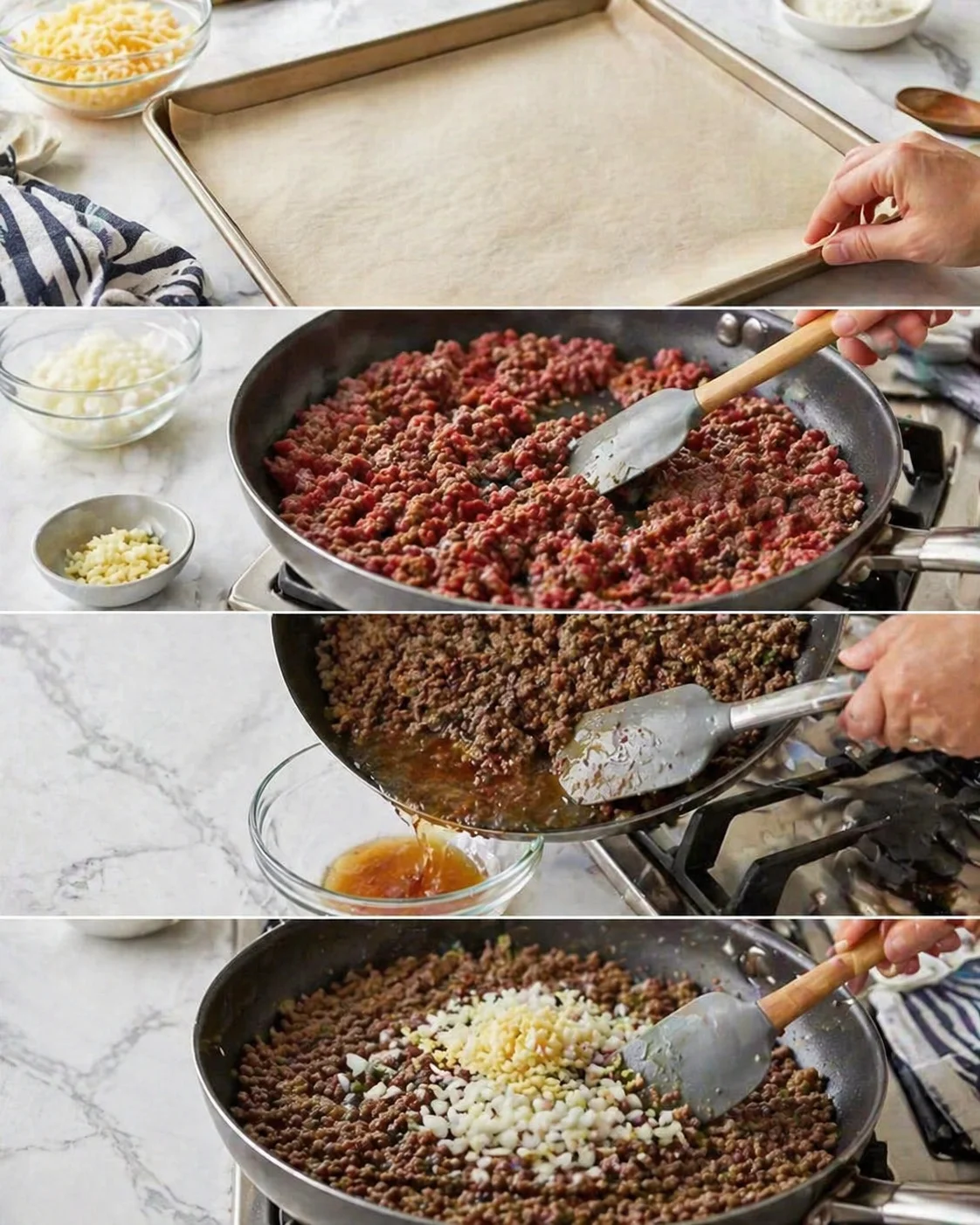 Four-panel cooking sequence: empty sheet, browning ground beef, pouring liquid into a bowl, onions added