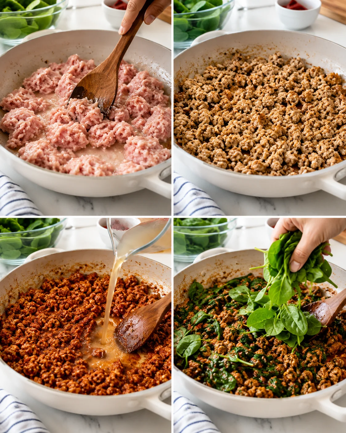 Four-panel collage showing raw ground meat, browned meat, cream being poured, and spinach being added.