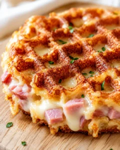close-up of a crispy lattice-crust dish with melted cheese and diced ham on a wooden board