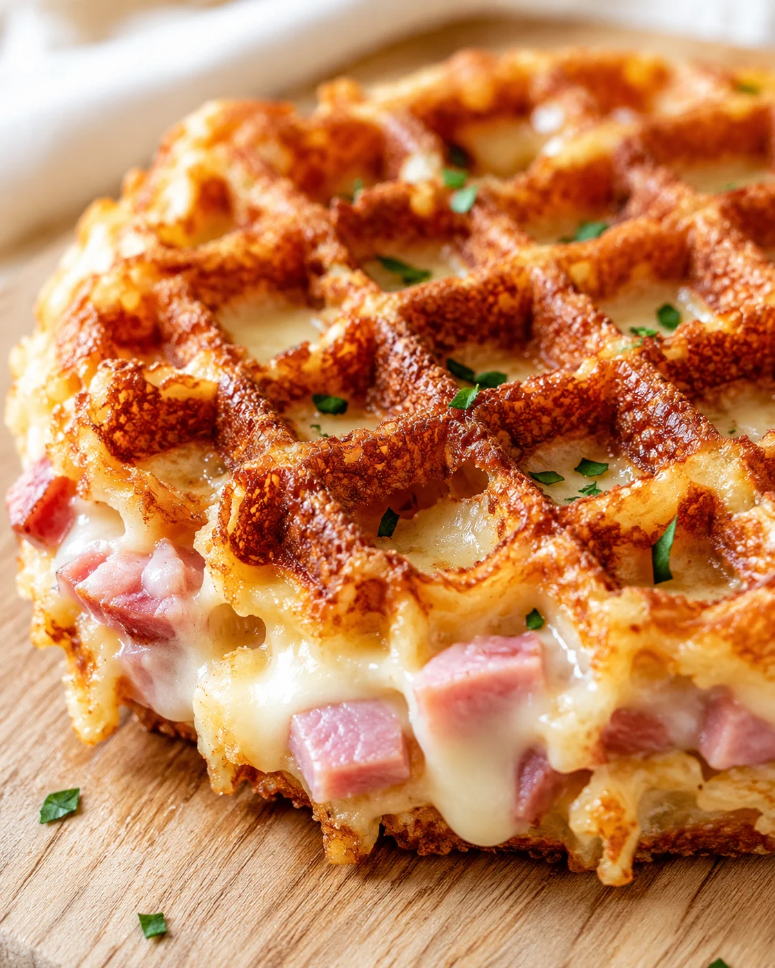 close-up of a crispy lattice-crust dish with melted cheese and diced ham on a wooden board