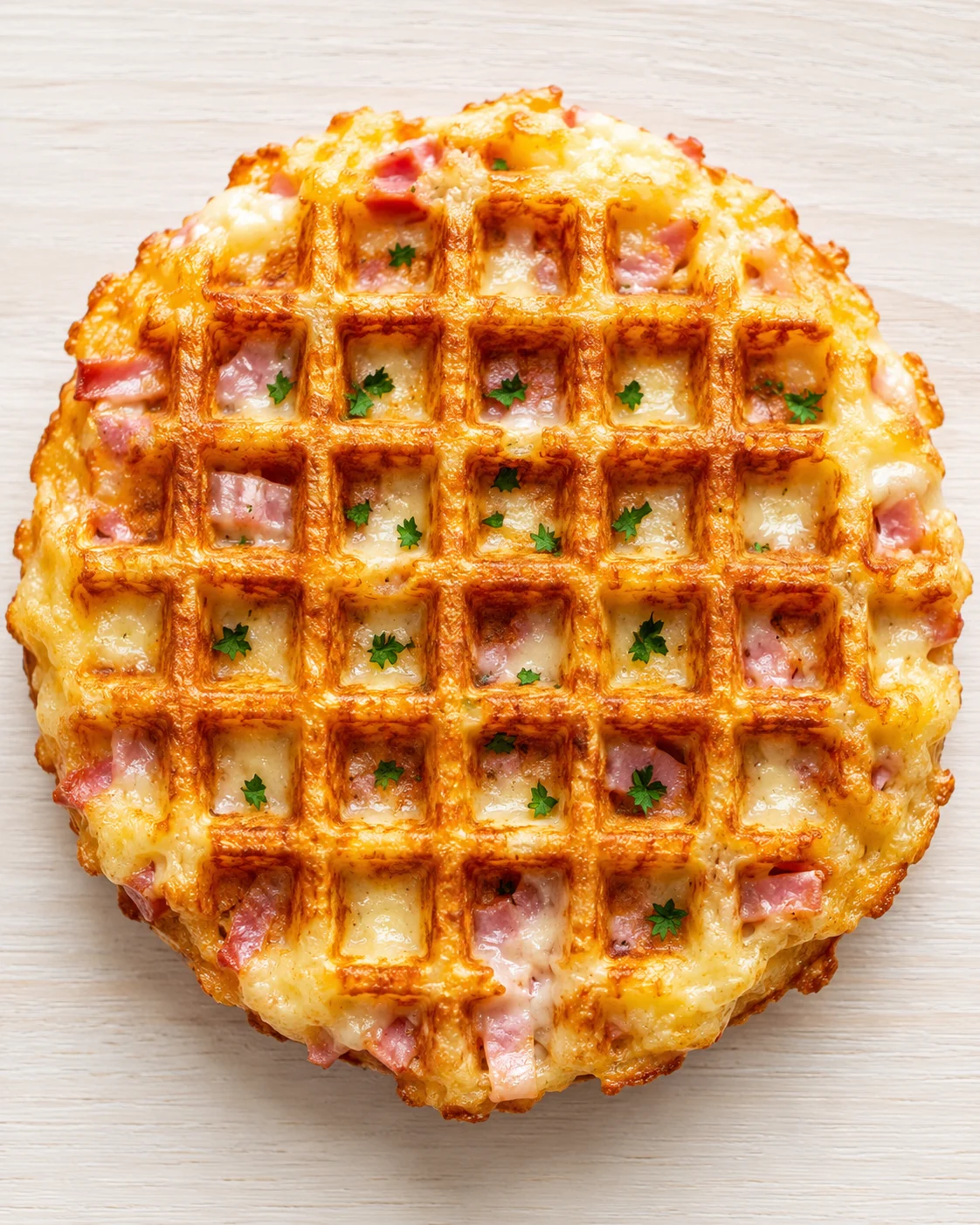 Top-down view of a round, lattice-grid cheese waffle with ham cubes and parsley on a light wooden surface.