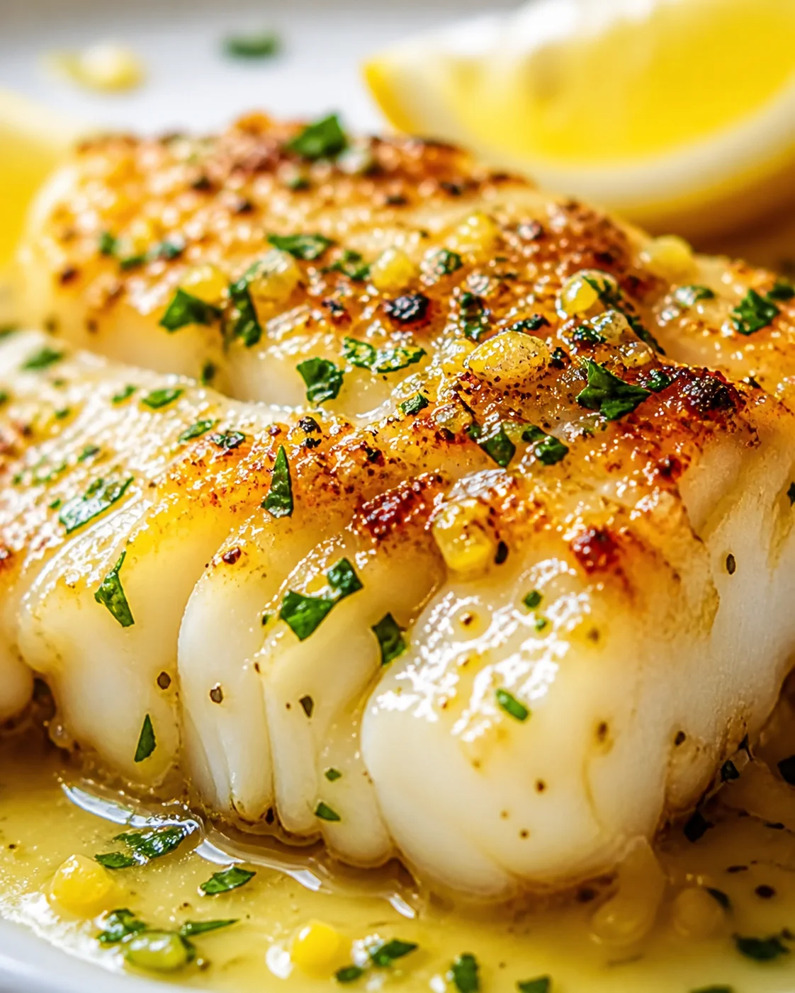 close-up of hasselback potatoes topped with parsley, golden-brown edges, and lemon-butter sauce.