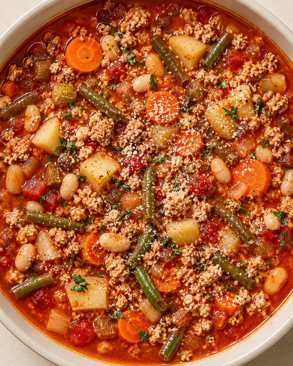 Tomato-based stew with ground meat, carrots, potatoes, green beans, and white beans in a round pot.