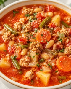 Close-up of a hearty tomato bean stew with potatoes, carrots, green beans, and crumbled meat.