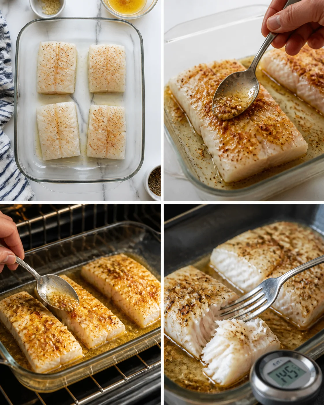 Collage of four steps: seasoned cod fillets, spooning crust, baking, and checking temperature.
