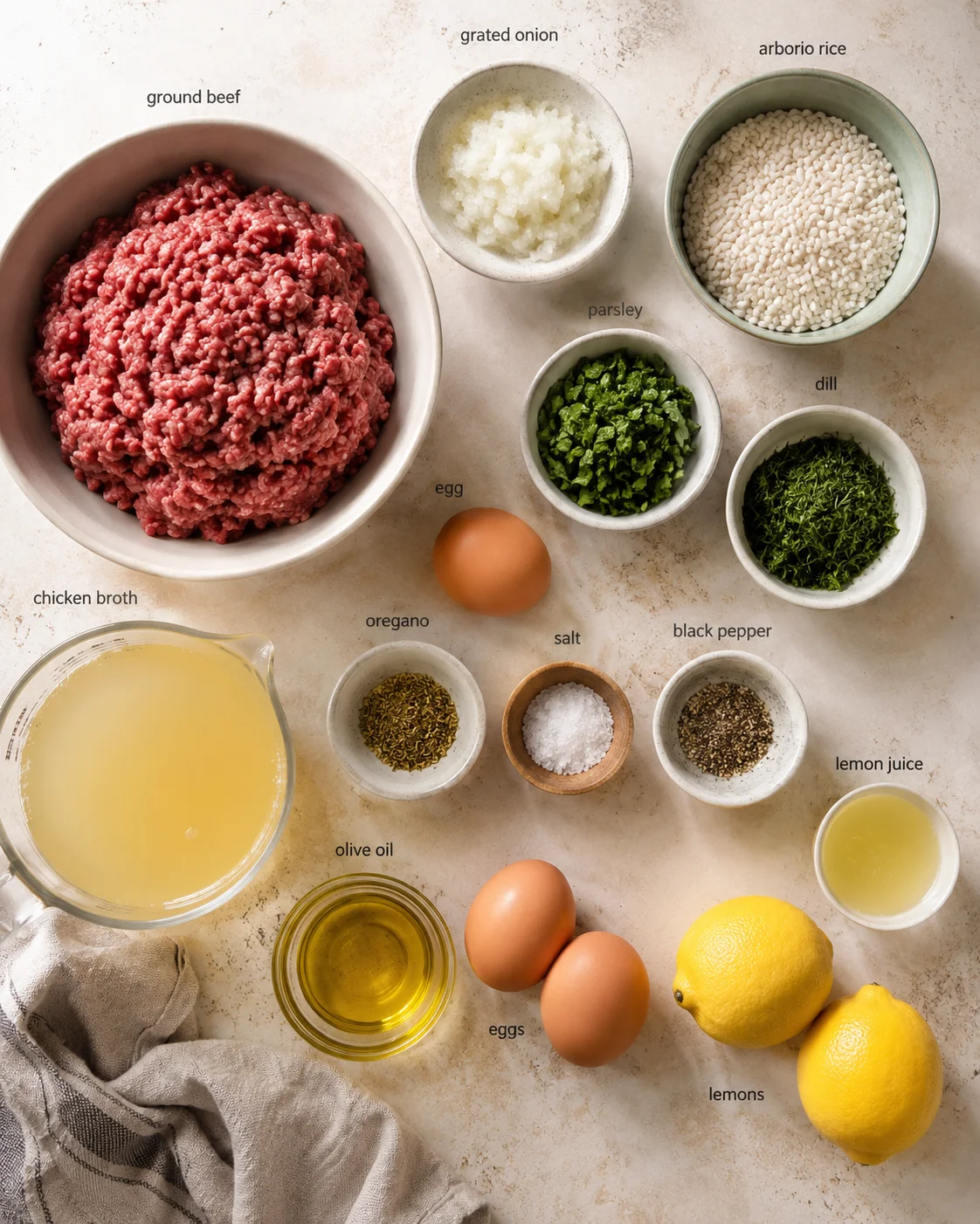 top-down view of raw ground beef with bowls of onion, rice, herbs, eggs, and lemon