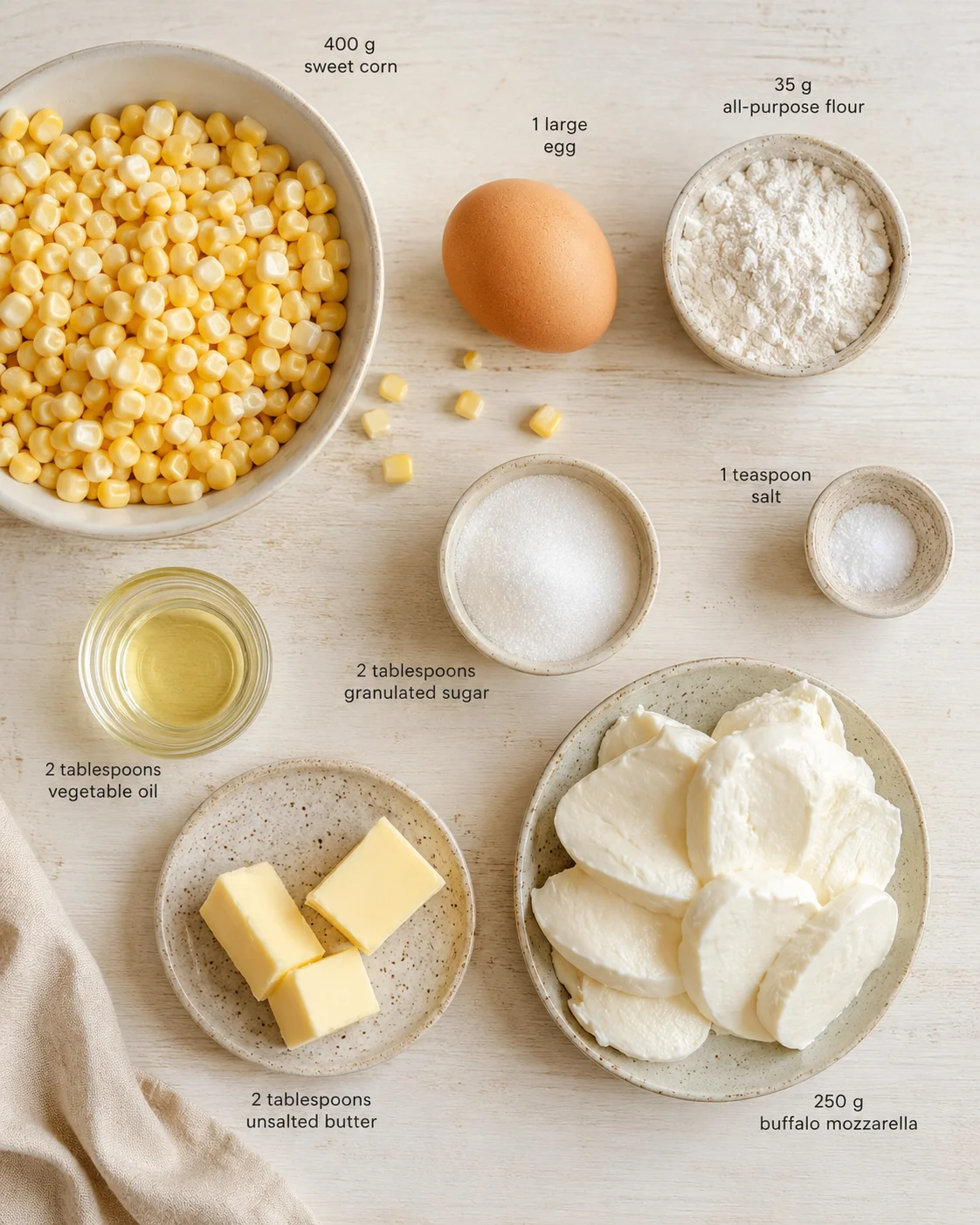 Overhead view of corn, egg, flour, sugar, salt, oil, butter, and mozzarella arranged on a light wooden surface.