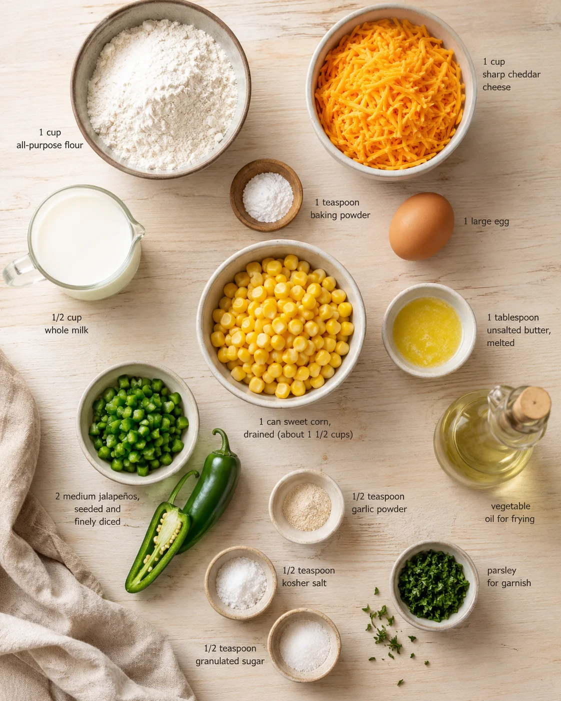 Overhead view of labeled ingredients for a corn-cheddar recipe on a wooden surface.