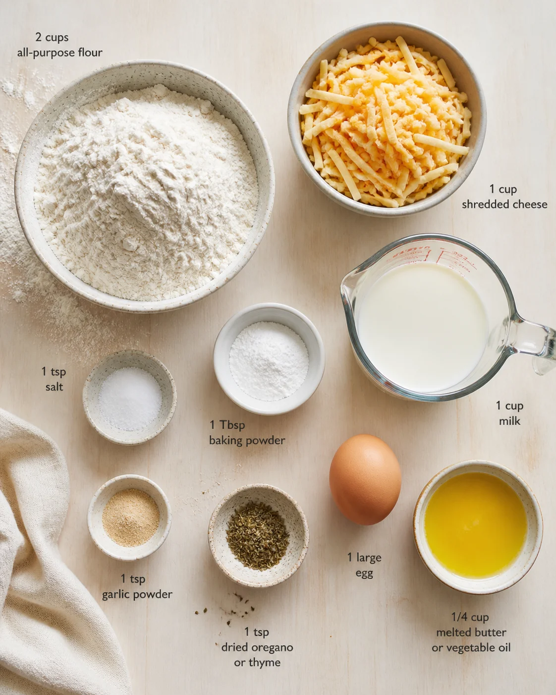 Overhead view of a cheese-biscuit ingredient station with labeled flour, cheese, milk, egg, butter, and spices.