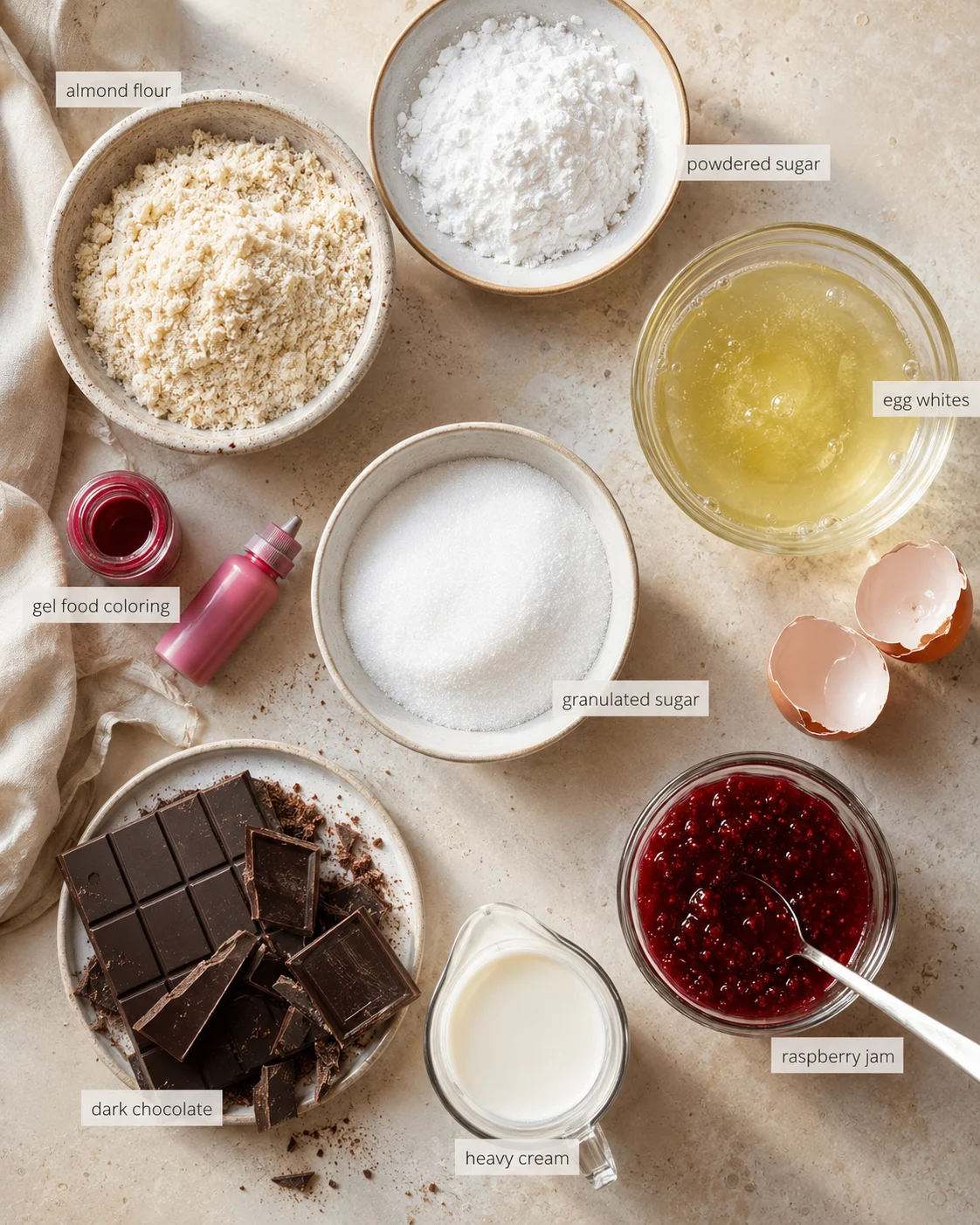 Overhead view of labeled baking ingredients arranged on a beige countertop.