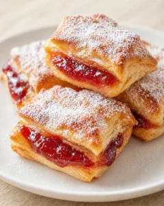 Stack of glossy jam-filled puff pastries on a white plate, lightly dusted with powdered sugar.