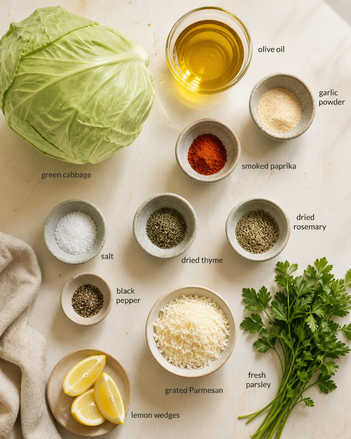 Overhead view of cabbage and assorted spices arranged on a light surface with labels