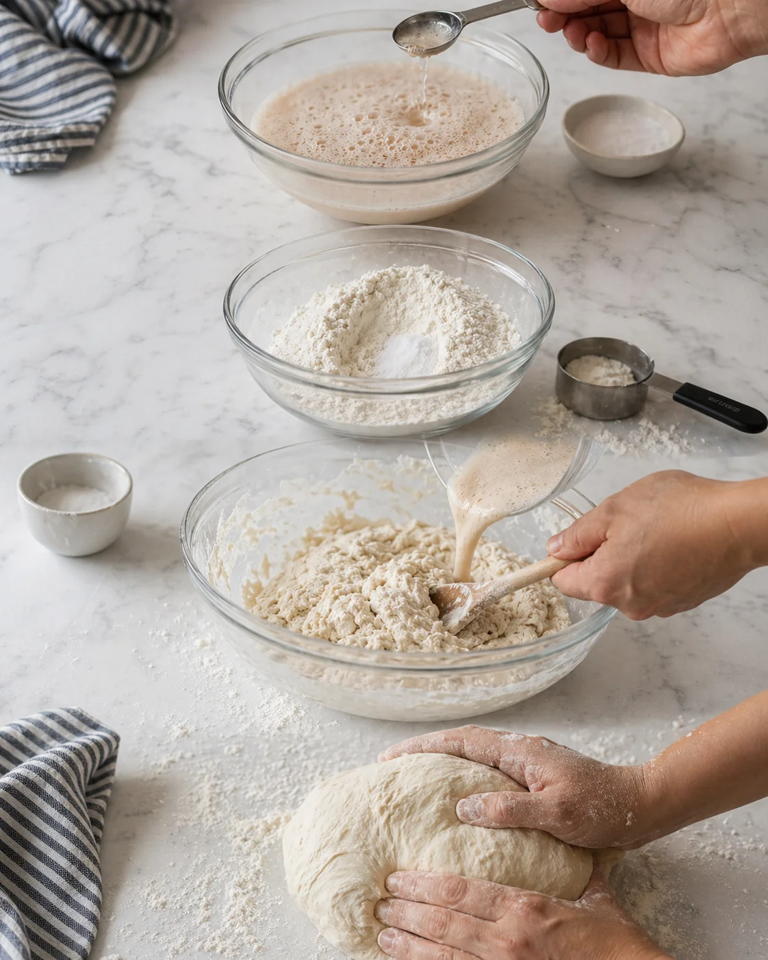 Hands kneading dough on a marble counter with bowls of batter and flour nearby