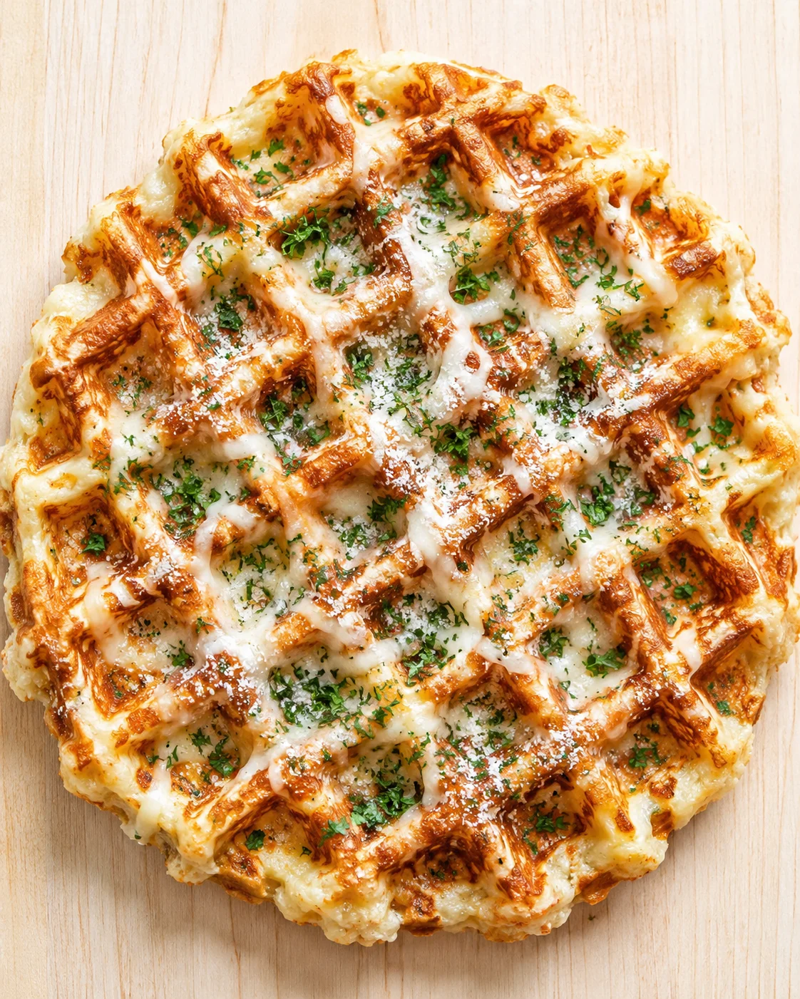 round cheese pizza with a golden lattice crust, sprinkled parsley, on a light wooden board