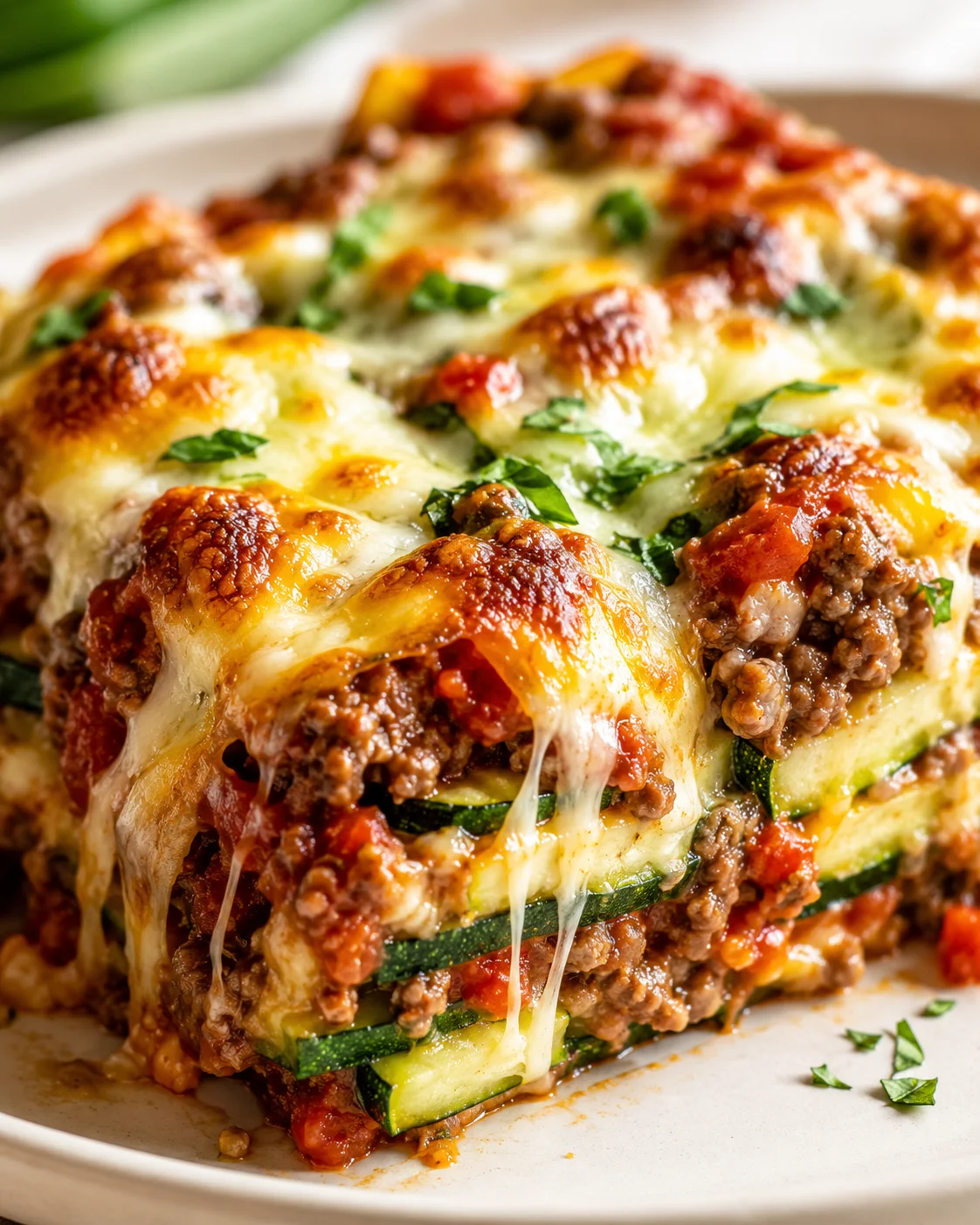 close-up of a hearty layered lasagna with zucchini ribbons, seasoned beef, tomato sauce, and gooey melted cheese.
